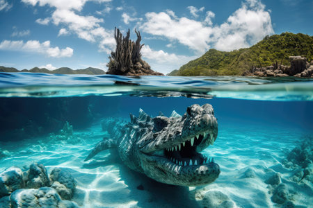 sea monster swimming in crystal-clear lagoon, showcasing its majestic beauty, created with generative aiの素材