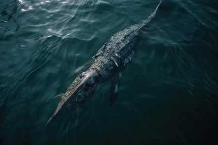 sea monster visible from above the water, with its long body and fins visible, created with generative aiの素材