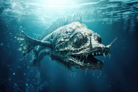 sea monster swimming through the depths of the ocean, past schools of fish, created with generative aiの素材