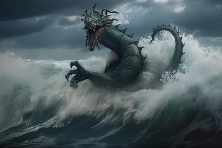 sea monster swimming in stormy sea, with waves crashing around it, created with generative aiの素材