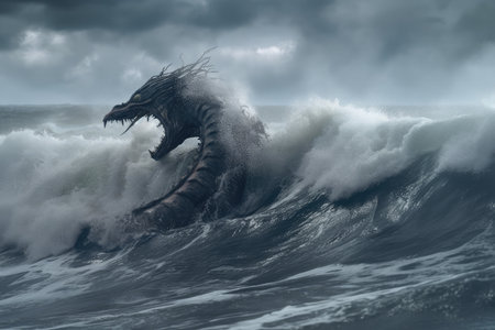 sea monster swimming in stormy sea, with waves crashing around it, created with generative aiの素材