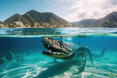 sea monster swimming in crystal-clear water, with view of beautiful underwater landscape visible, created with generative aiの素材