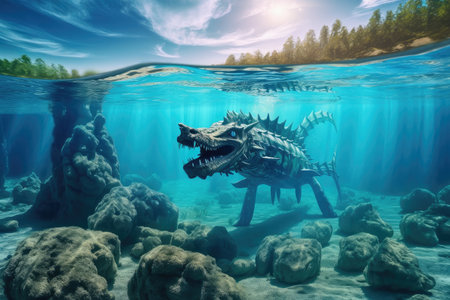 sea monster swimming in crystal-clear water, with view of beautiful underwater landscape visible, created with generative aiの素材