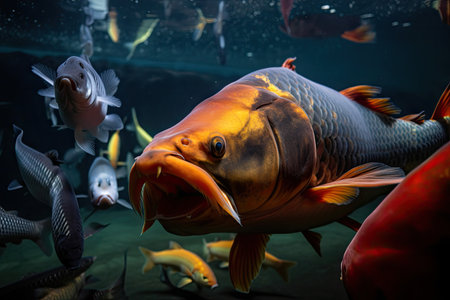 koi swim past sea monsters gaping jaws as it waits for its next meal, created with generative aiの素材