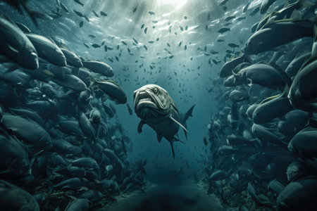 sea monster swimming among schools of fish, with underwater view, created with generative aiの素材