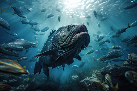 sea monster swimming among schools of fish, with underwater view, created with generative aiの素材
