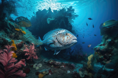 sea monster swimming through coral reef, surrounded by colorful fish, created with generative aiの素材