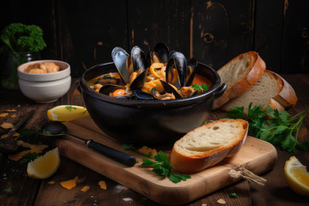 tasty and hearty seafood soup with mussels, clams, and other ingredients, created with generative aiの素材