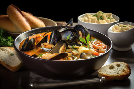 bowl of seafood soup with mussels, clams, and shrimp, created with generative aiの素材