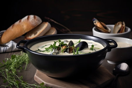 bowl of creamy soup with plump mussels and fresh herbs, created with generative aiの素材