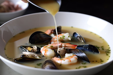drizzle of extra virgin olive oil over bowl of seafood soup, created with generative aiの素材
