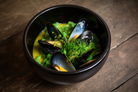 seaweed and shellfish broth with fresh mussels, black pepper & lemon, created with generative aiの素材