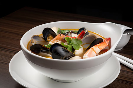 seafood soup with mussels, shrimp, and squid in white bowl, created with generative aiの素材