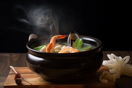 bowl of steaming seafood soup with mussels, shrimp and seaweed, created with generative aiの素材