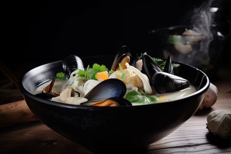 bowl of steaming seafood soup with plump mussels and crab, created with generative aiの素材