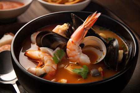 bowl of steaming seafood soup with mussels, clams, and shrimp, created with generative aiの素材