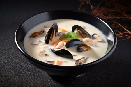 bowl of creamy seafood soup, with mussels and squid in shell, created with generative aiの素材