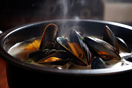 close-up of mussels in seafood soup, with steam rising from the broth, created with generative aiの素材