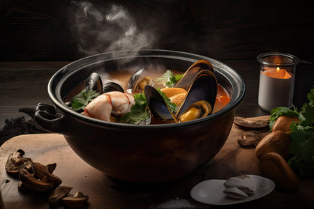 bowl of steaming seafood soup with mussels, clams, and other fresh ingredients, created with generative aiの素材