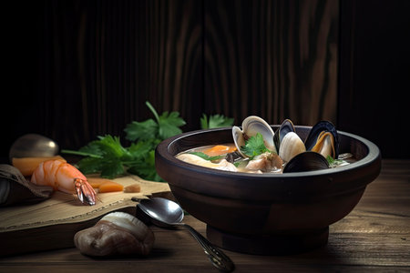 bowl of seafood soup with mussels, clams, and shrimp on wooden board, created with generative aiの素材