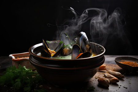 bowl of steaming mussel soup, with herbs and spices for flavor, created with generative aiの素材