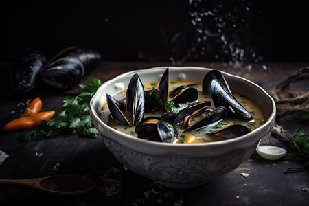 bowl of steaming mussel soup, with herbs and spices for flavor, created with generative aiの素材