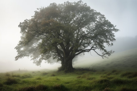majestic tree, surrounded by misty morning air, created with generative aiの素材