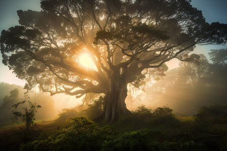 majestic tree, surrounded by misty morning air, created with generative aiの素材