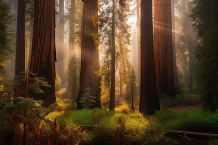 sequoia forest at sunrise, with vibrant colors and warm light shining through the trees, created with generative aiの素材