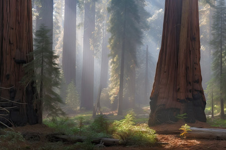 sequoia forest grove in misty morning light, created with generative aiの素材