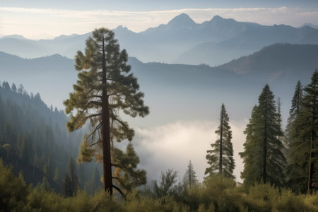 majestic sequoia with view of the mist-shrouded mountains in the distance, created with generative aiの素材