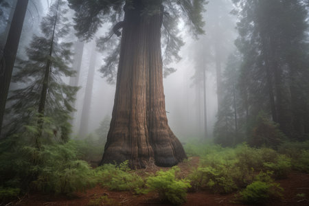 majestic sequoia standing alone in a misty forest, created with generative aiの素材