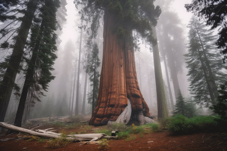 majestic sequoia standing alone in a misty forest, created with generative aiの素材