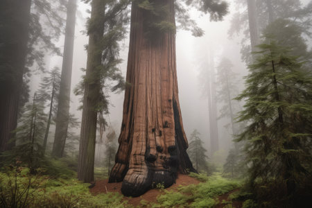 majestic sequoia standing alone in a misty forest, created with generative aiの素材