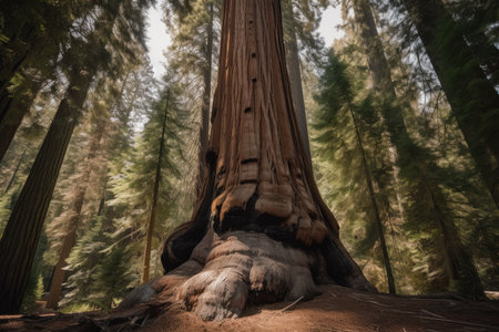 view of a towering sequoia, with the forest floor in view, created with generative aiの素材