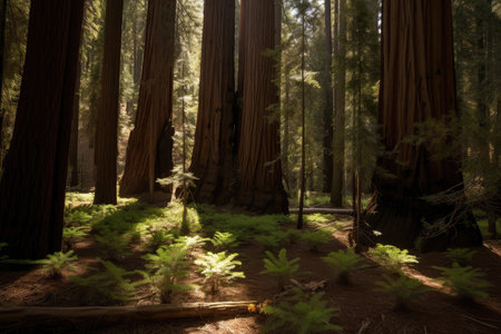 deeply shadowed sequoia grove, with the sound of trickling water, created with generative aiの素材