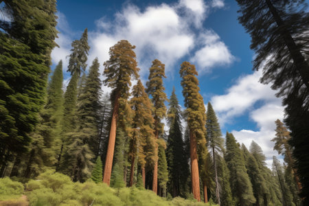 majestic sequoia grove, with clear blue sky and fluffy clouds above, created with generative aiの素材