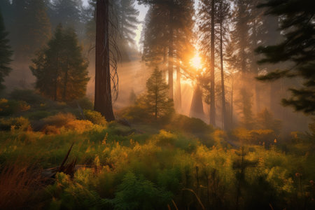 sunrise in sequoia forest, with vibrant colors and warm light bringing the scene to life, created with generative aiの素材