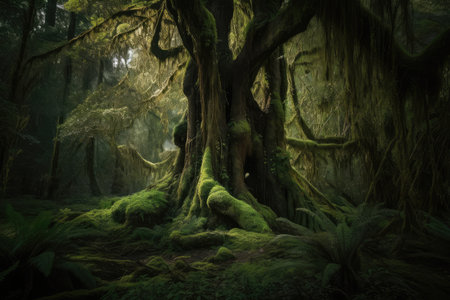 majestic tree with hanging moss in the ancient forest, created with generative aiの素材
