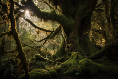 majestic tree with hanging moss in the ancient forest, created with generative aiの素材