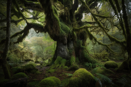 majestic tree with hanging moss in the ancient forest, created with generative aiの素材