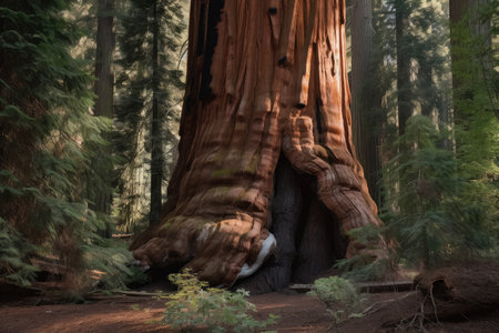majestic sequoia with waterfall cascading down its trunk, created with generative aiの素材