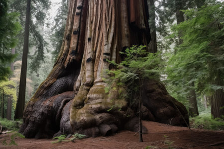 majestic sequoia with waterfall cascading down its trunk, created with generative aiの素材
