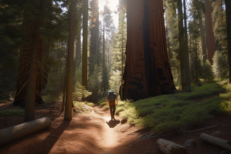hiker, with backpack and hiking stick, ascending steep trail through forest of giant sequoias, created with generative aiの素材