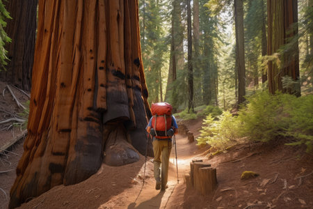 hiker, with backpack and hiking stick, ascending steep trail through forest of giant sequoias, created with generative aiの素材