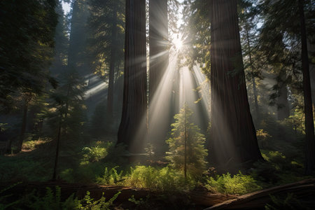 sunbeam shining through the sequoia forest, illuminating the tall trees, created with generative aiの素材