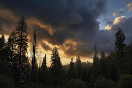 sequoia forest at sunset, with dramatic sky and clouds, created with generative aiの素材