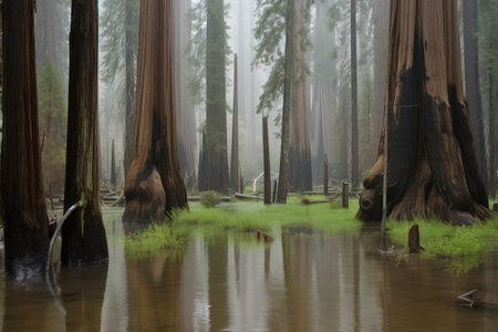 flooded sequoia forest, with waterfalls and misty vegetation, created with generative aiの素材