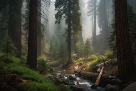 pristine sequoia forest with misty fog and waterfalls, created with generative aiの素材