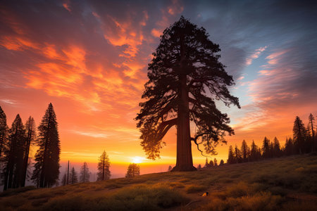 majestic sequoia with sunrise, surrounded by colorful sky, created with generative aiの素材